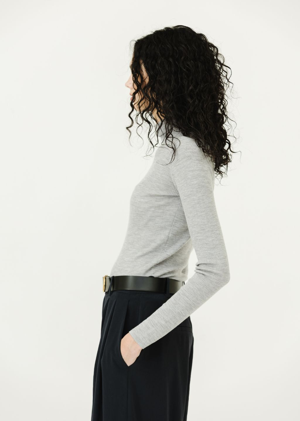 Tibi Feather Weight Ribbed Turtle Neck Pullover in Grey | Shop Tula