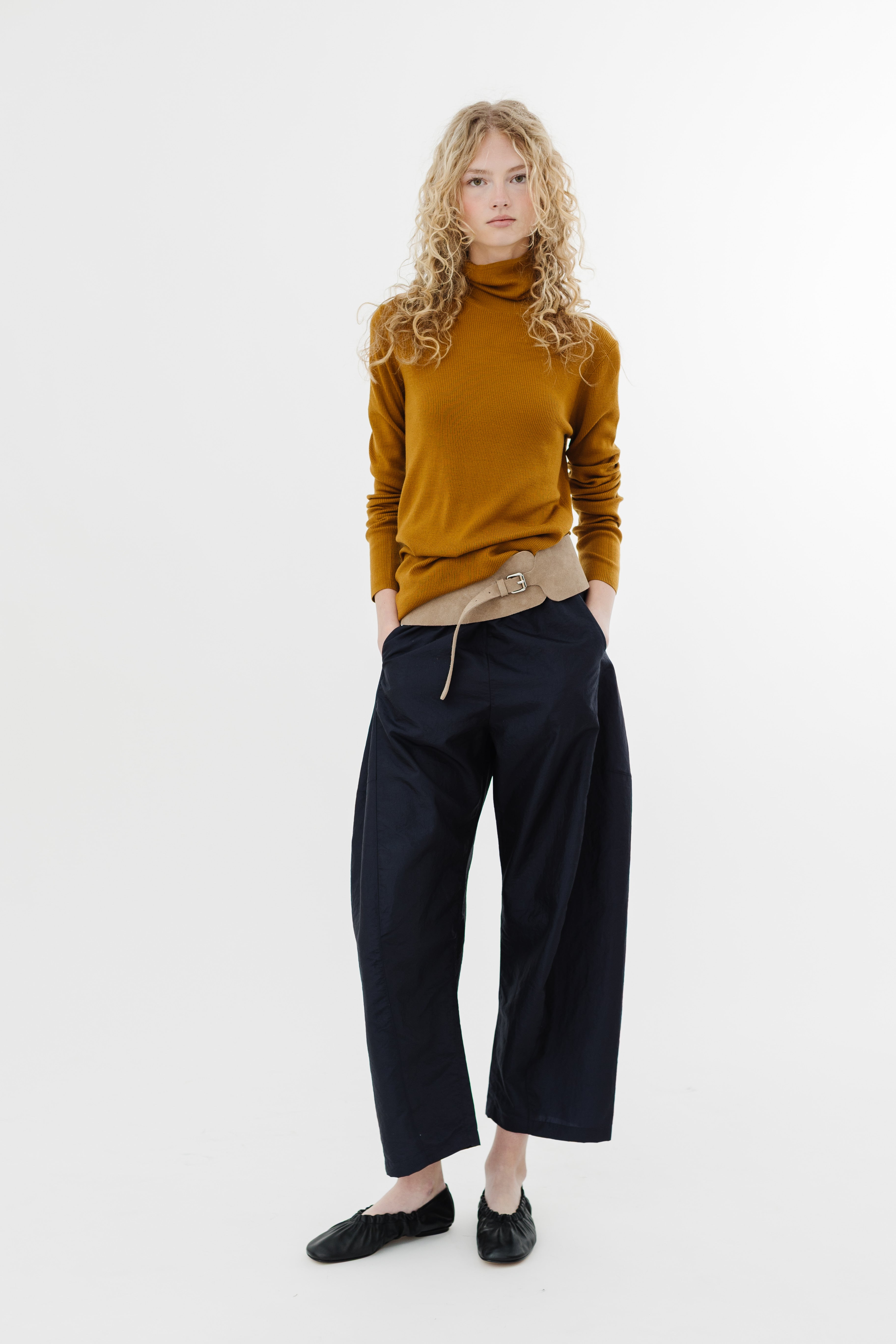 Tibi Feather Weight Ribbed Turtle Neck Pullover in Ochre | Shop Tula