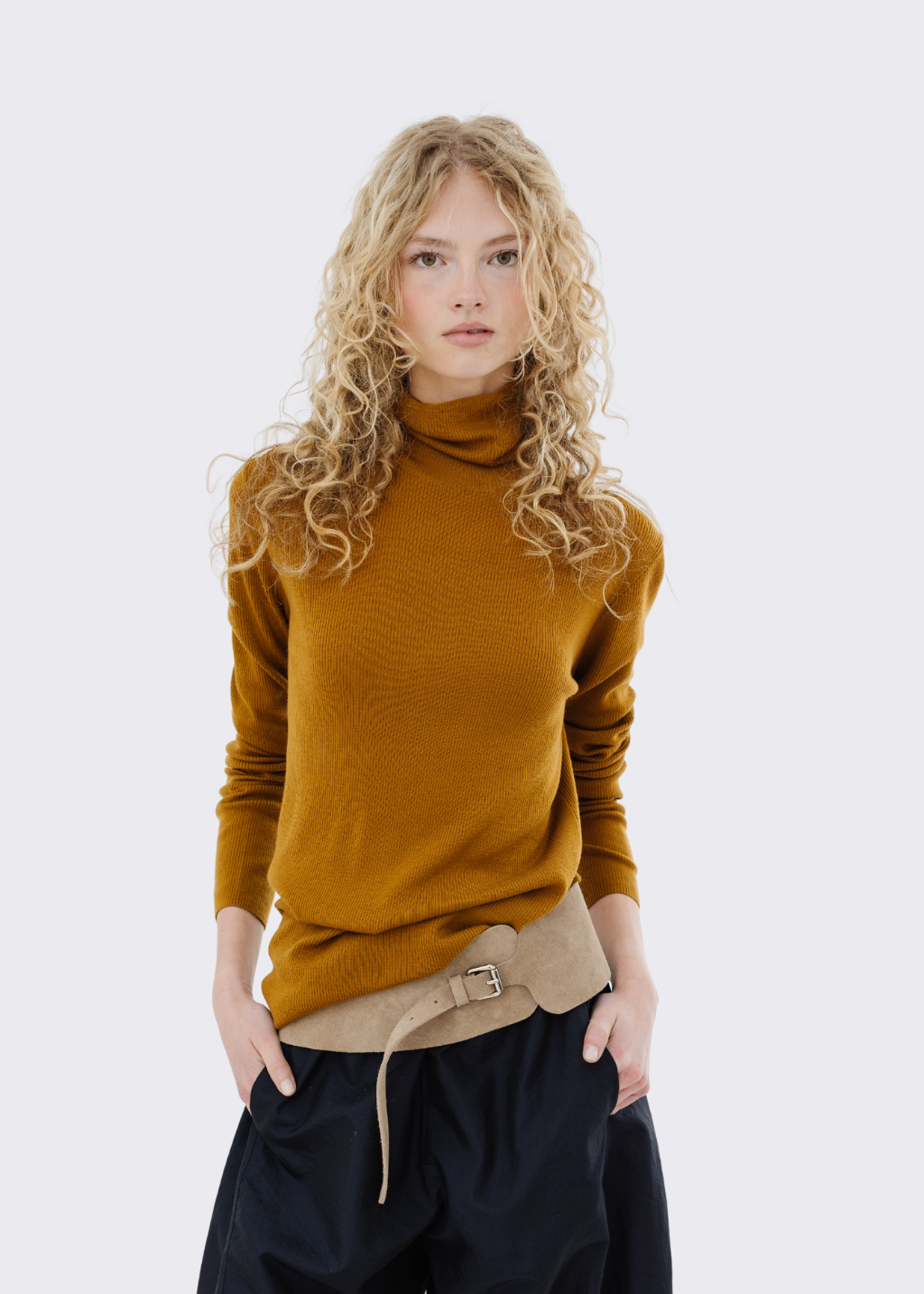 Tibi Feather Weight Ribbed Turtle Neck Pullover in Ochre | Shop Tula