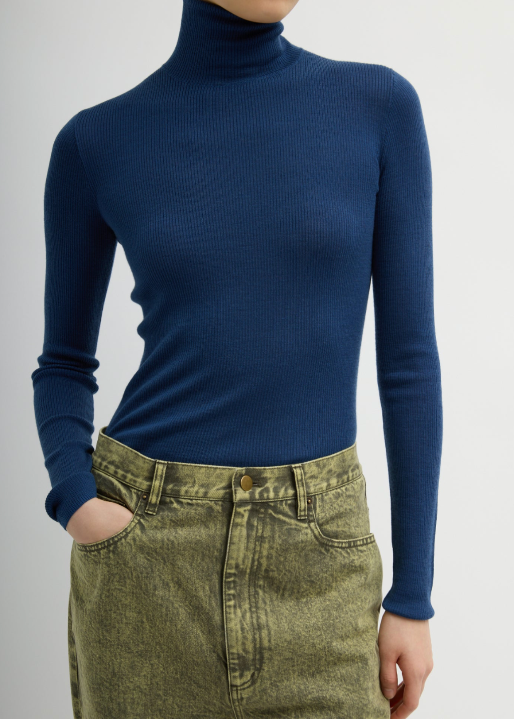 Tibi Feather Weight Ribbed Turtle Neck Pullover in Seal | Shop Tula