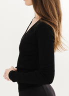 Tibi Feather Weight Ribbed V Neck Pullover in Black | Shop Tula