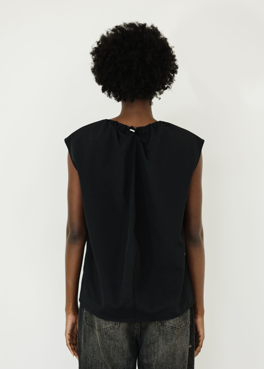 Tibi Lotte Nylon Shirred Neck Top in Black Back | Shop Tula