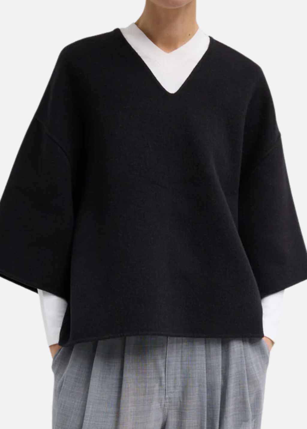 Tibi Luxe Double Faced Wool Angora V-Neck in Black | Shop Tula