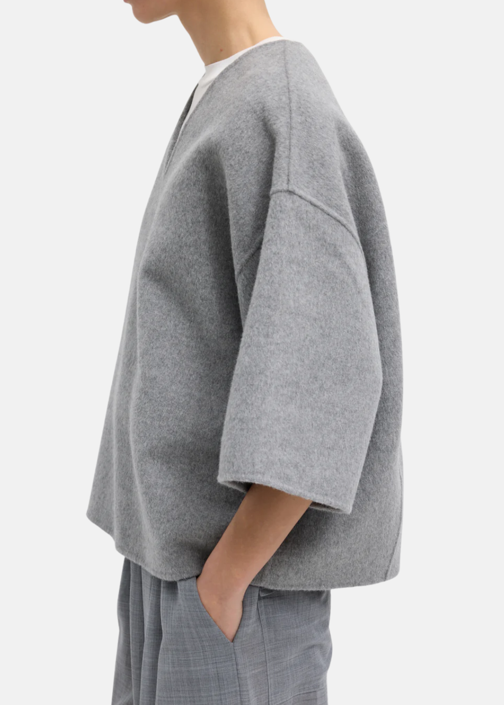Tibi Luxe Double Faced Wool Angora V-Neck in Heather Grey | Shop Tula