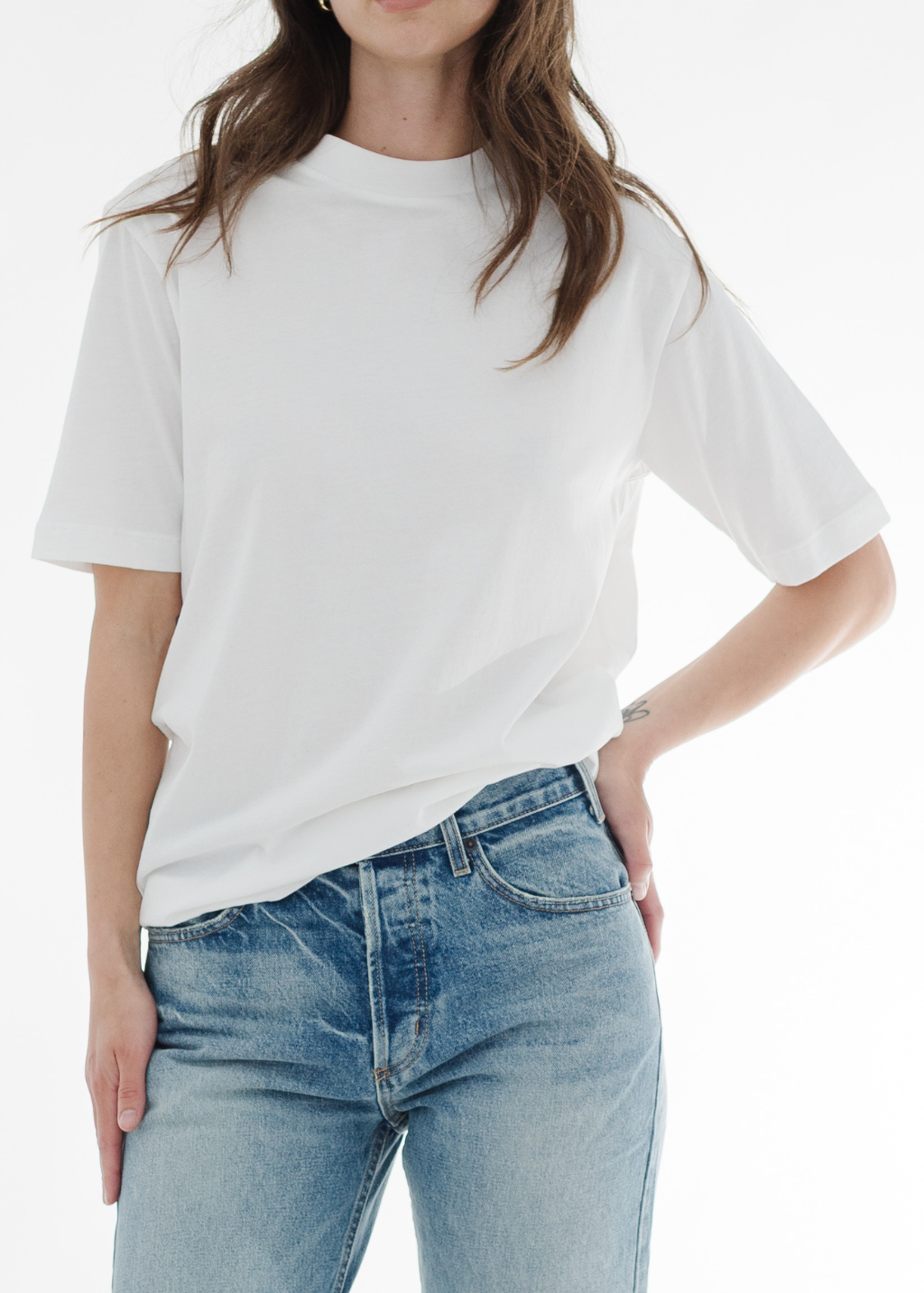 Tibi Mock Neck Unisex T-Shirt in White | Shop Tula