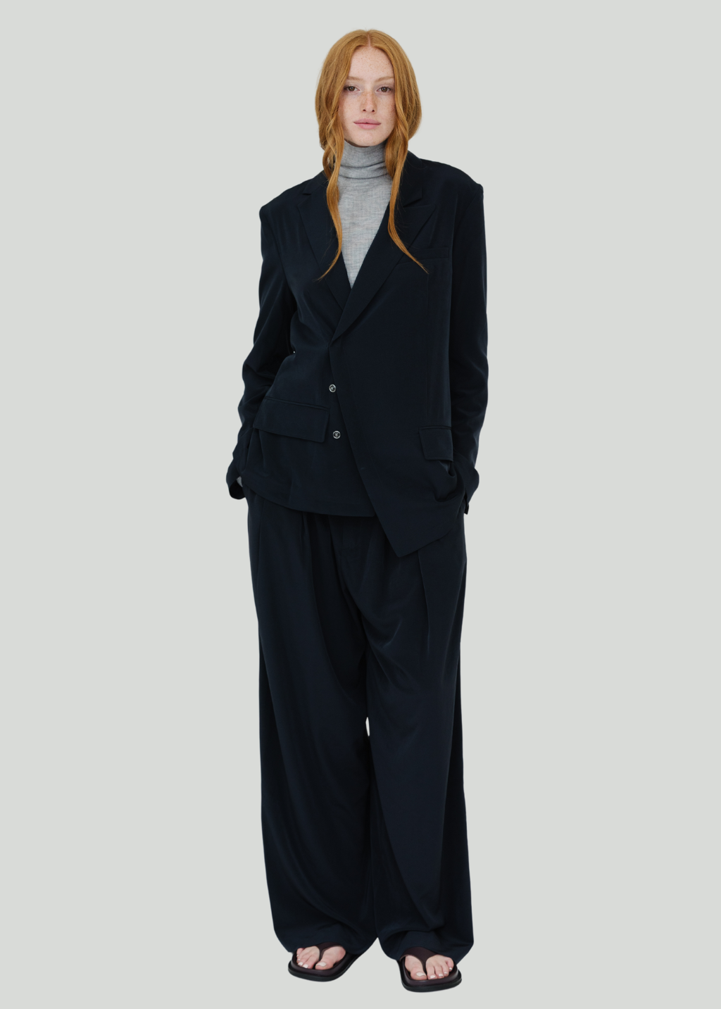 Tibi Relaxed Suiting Triple Pleat Pant in Navy | Shop Tula