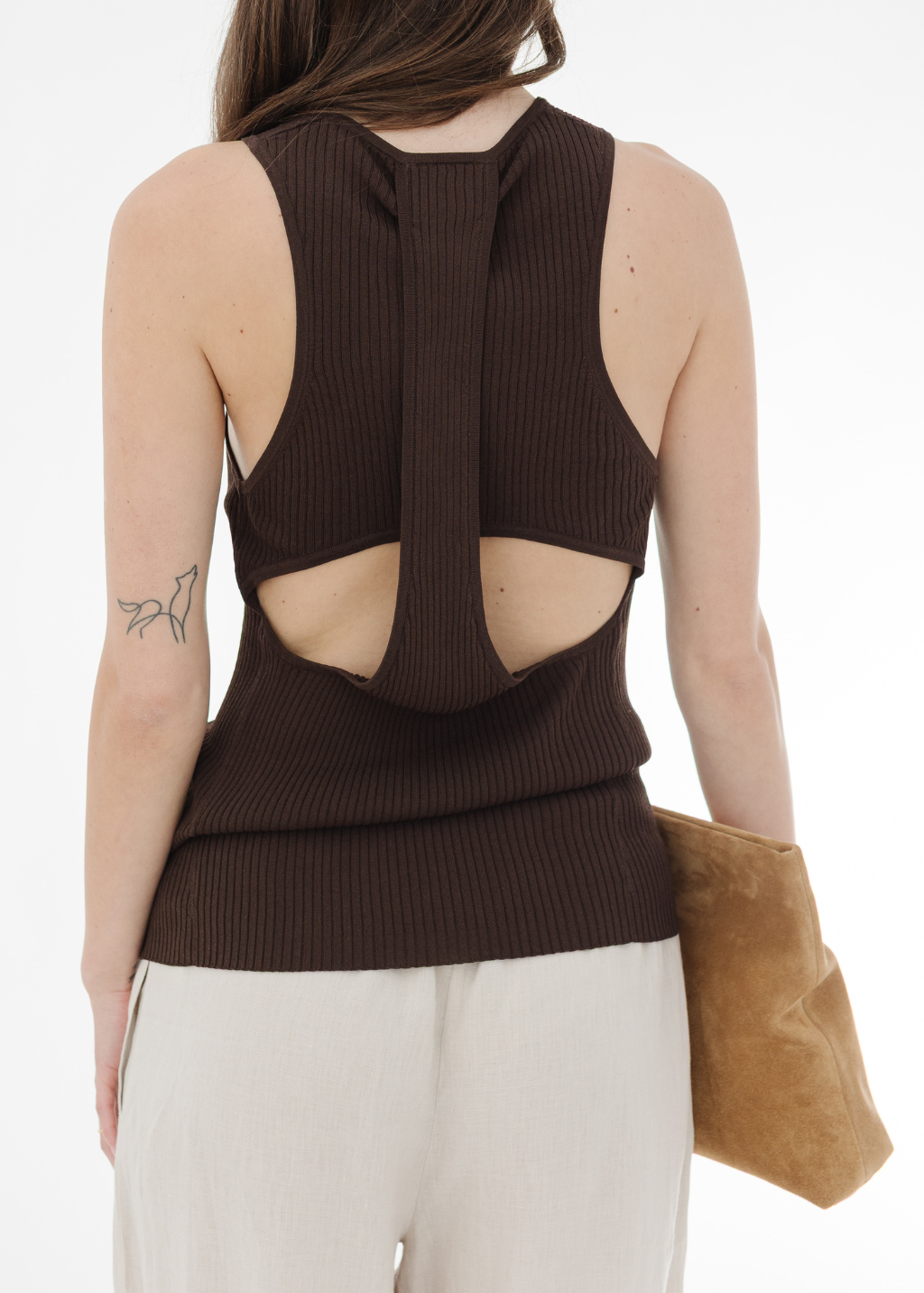 Tibi Ribbed Sweater Cut Out Tank in Brown | Shop Tula