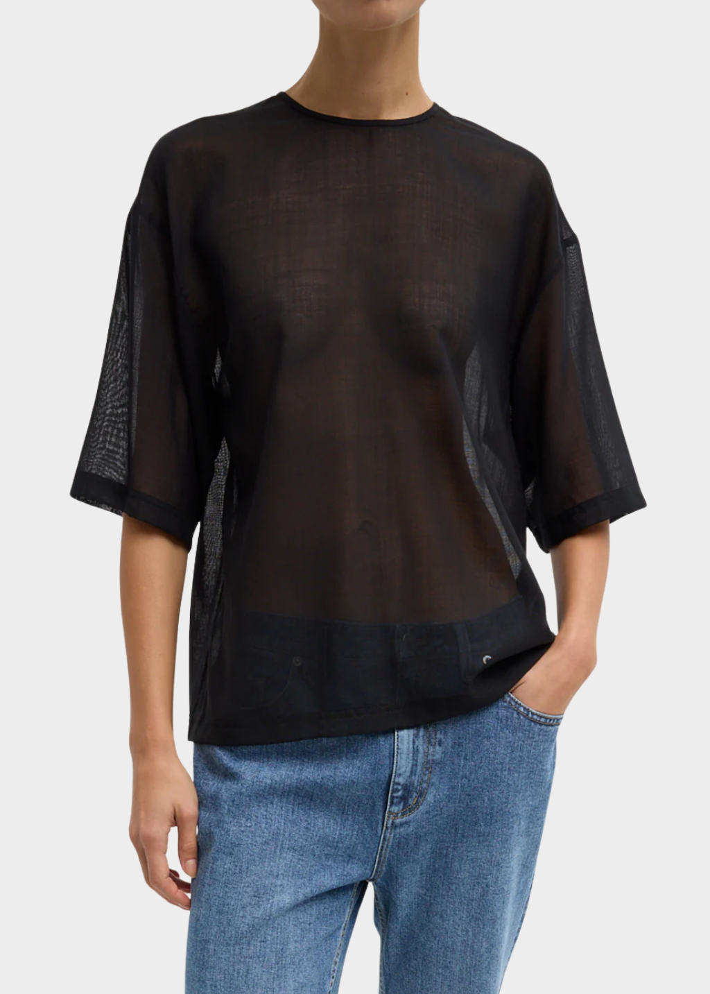 Tibi Sheer Wool Gauze Easy T in Black | Shop Tula