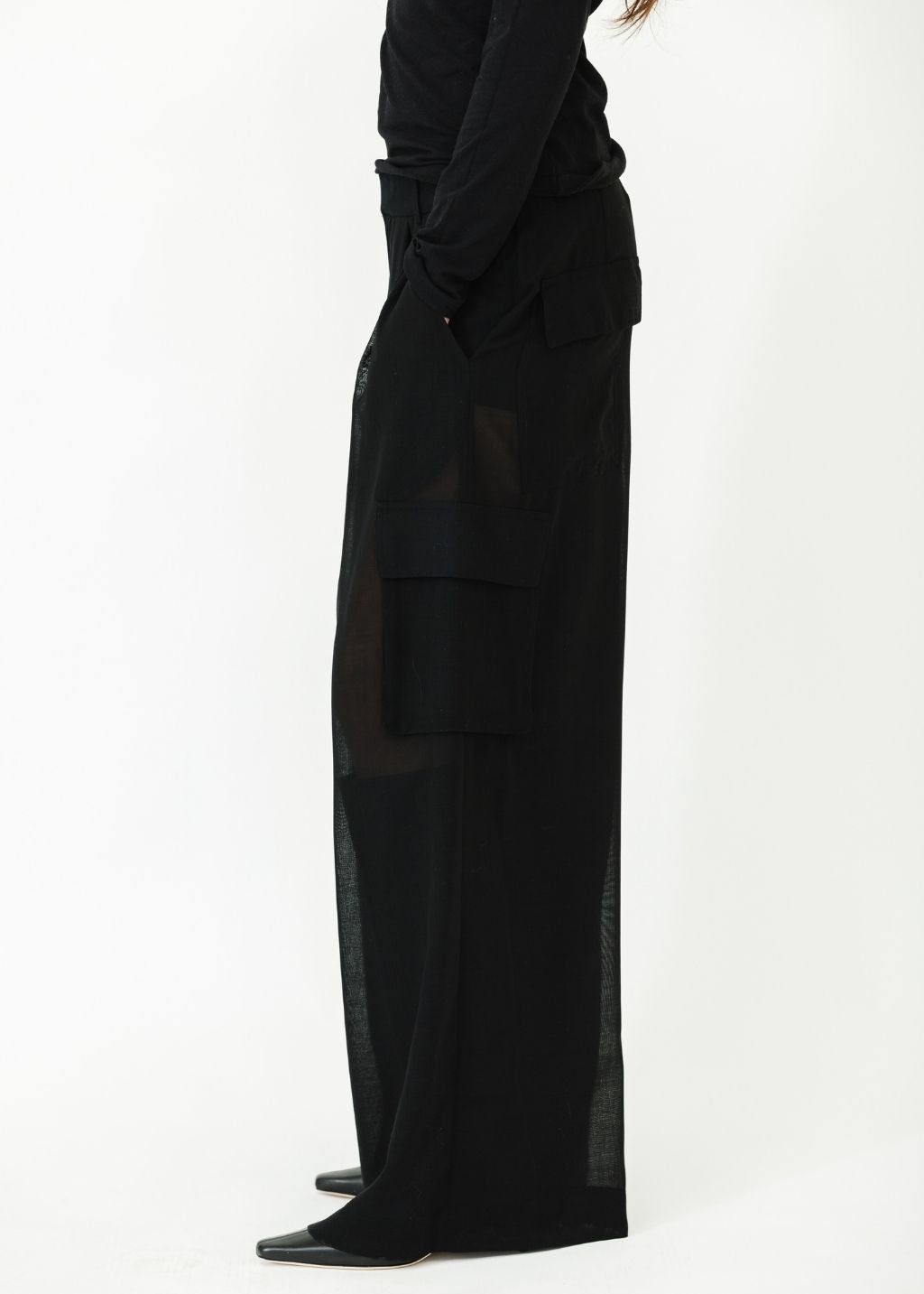 Tibi Sheer Wool Gauze Triple Pleat Pant Side | Shop Tula