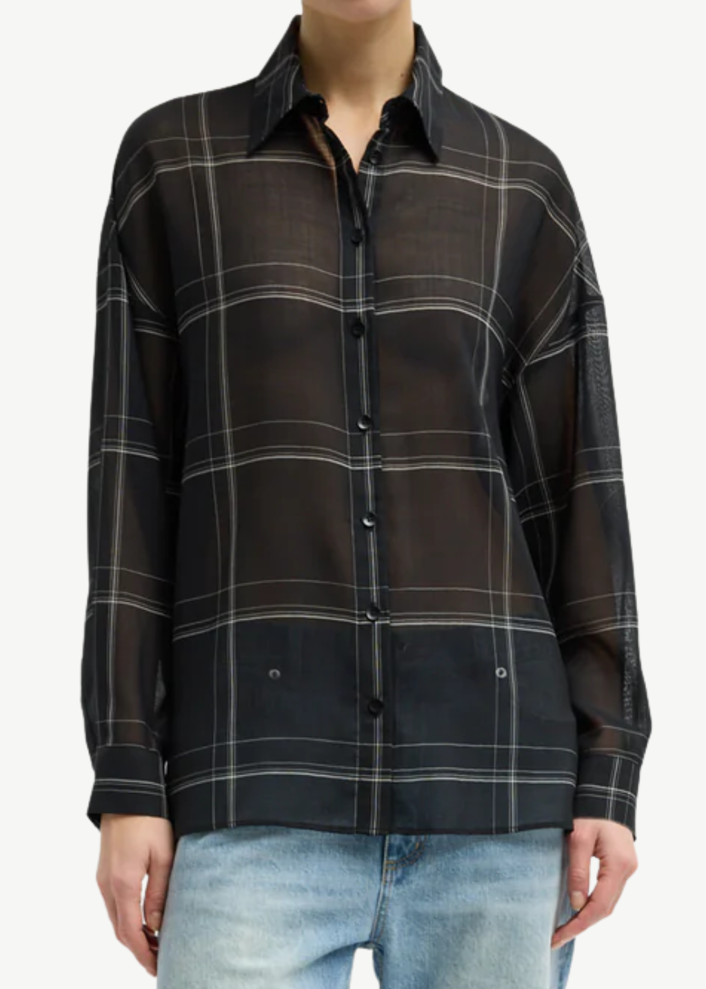 Tibi Sheer Wool Oversized Shirt in Black Check | Shop Tula