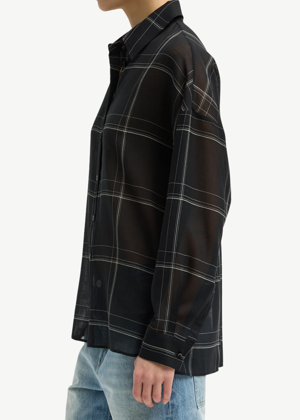 Tibi Sheer Wool Oversized Shirt in Black Check | Shop Tula