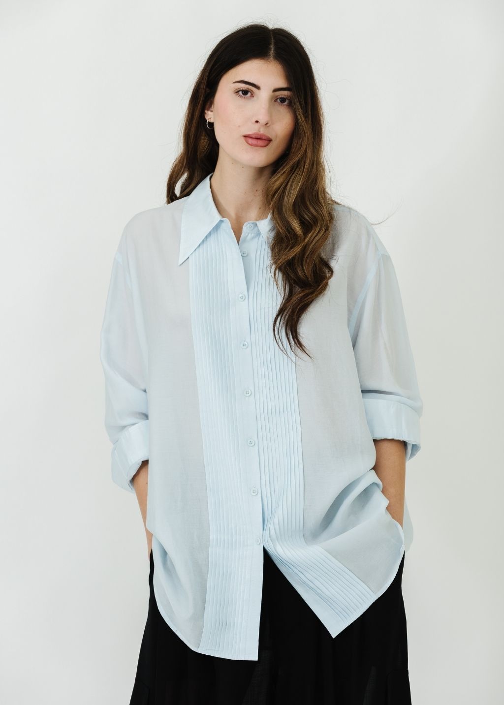 Tibi Silk Voile Easy Pintucked Shirt in Ice | Shop Tula