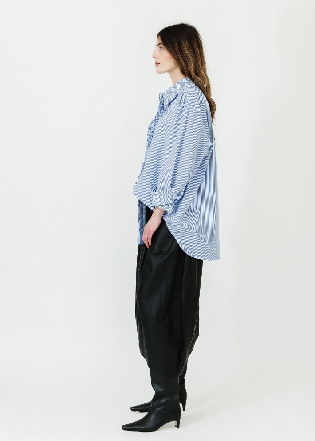 Tibi Striped Shirting Easy Tuxedo Shirt Side | Shop Tula