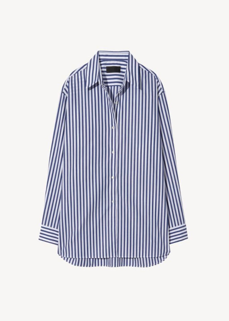 Nili Lotan Yorke Shirt in Large Navy/White Stripes Flat | Tula's Online Boutique
