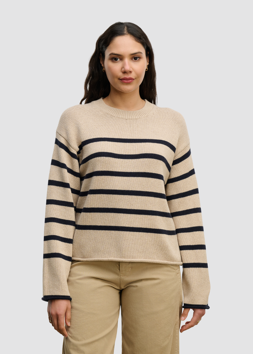 Velvet Lucia Sweater in Oat/Navy | Shop Tula