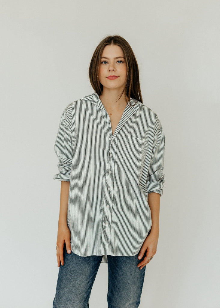 Frank & Eileen Shirley Oversized Shirt in Green Stripe | Tula's Online Boutique