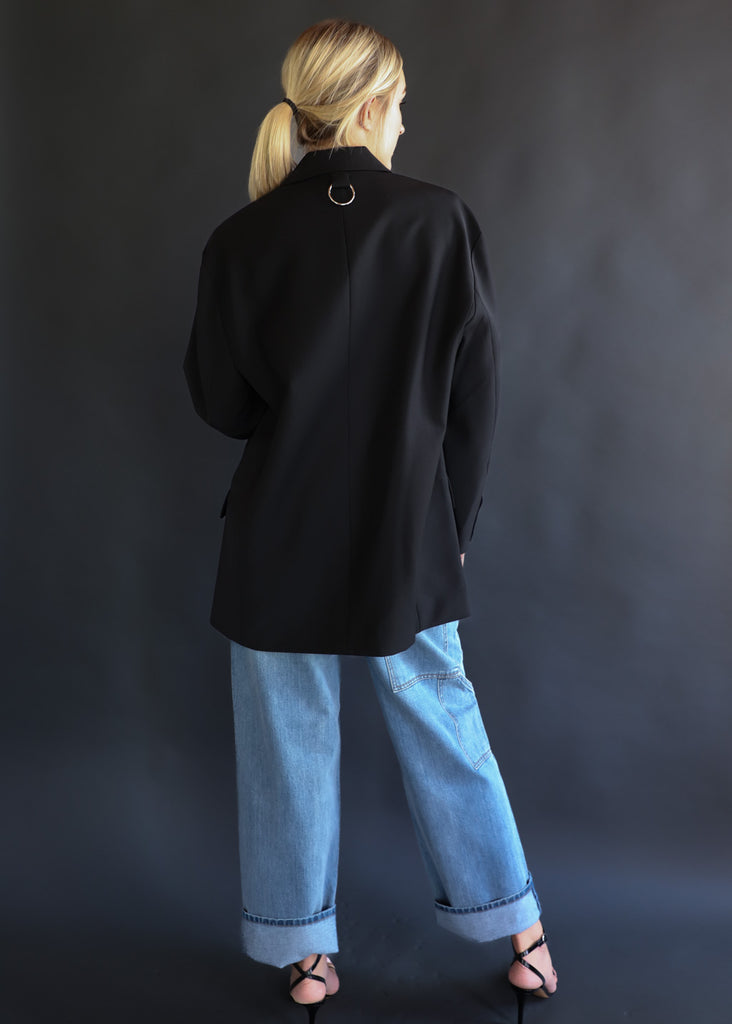 Tibi Tropical Wool Liam Blazer in Black Model | Tula's Online Boutique