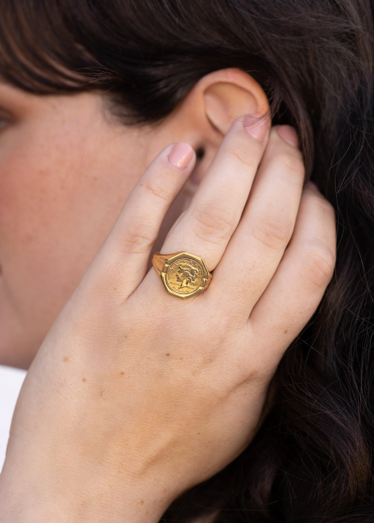 Miranda Frye Coin Signet Ring Model | Tula's Online Boutique